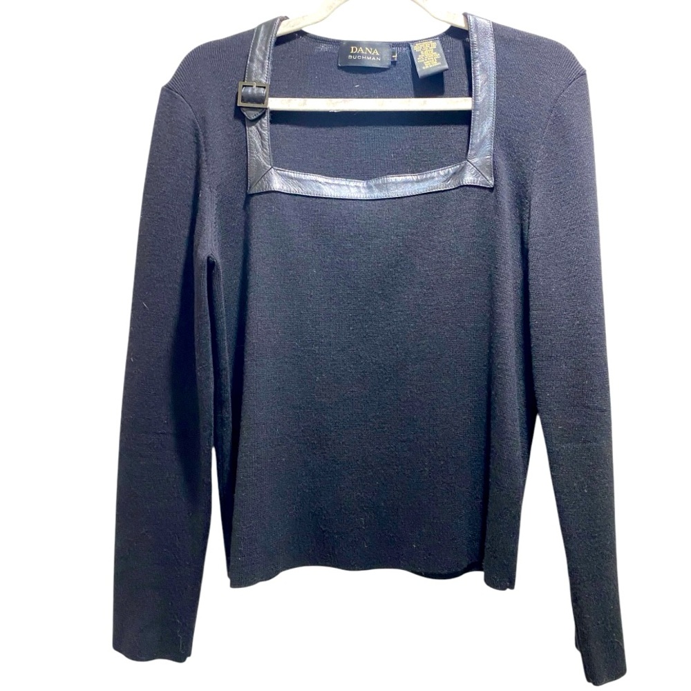 Dana Buchman Leather Trimmed Black Sweater L